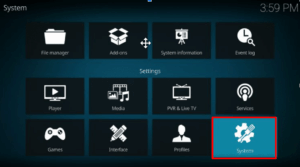Open Kodi and locate the Settings icon. 